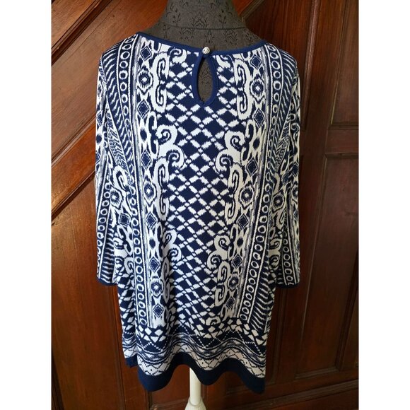 Susan Graver Womens 3/4 Sleeve Top W/ Rhinestone Detail Navy/White 1X - Picture 1 of 6